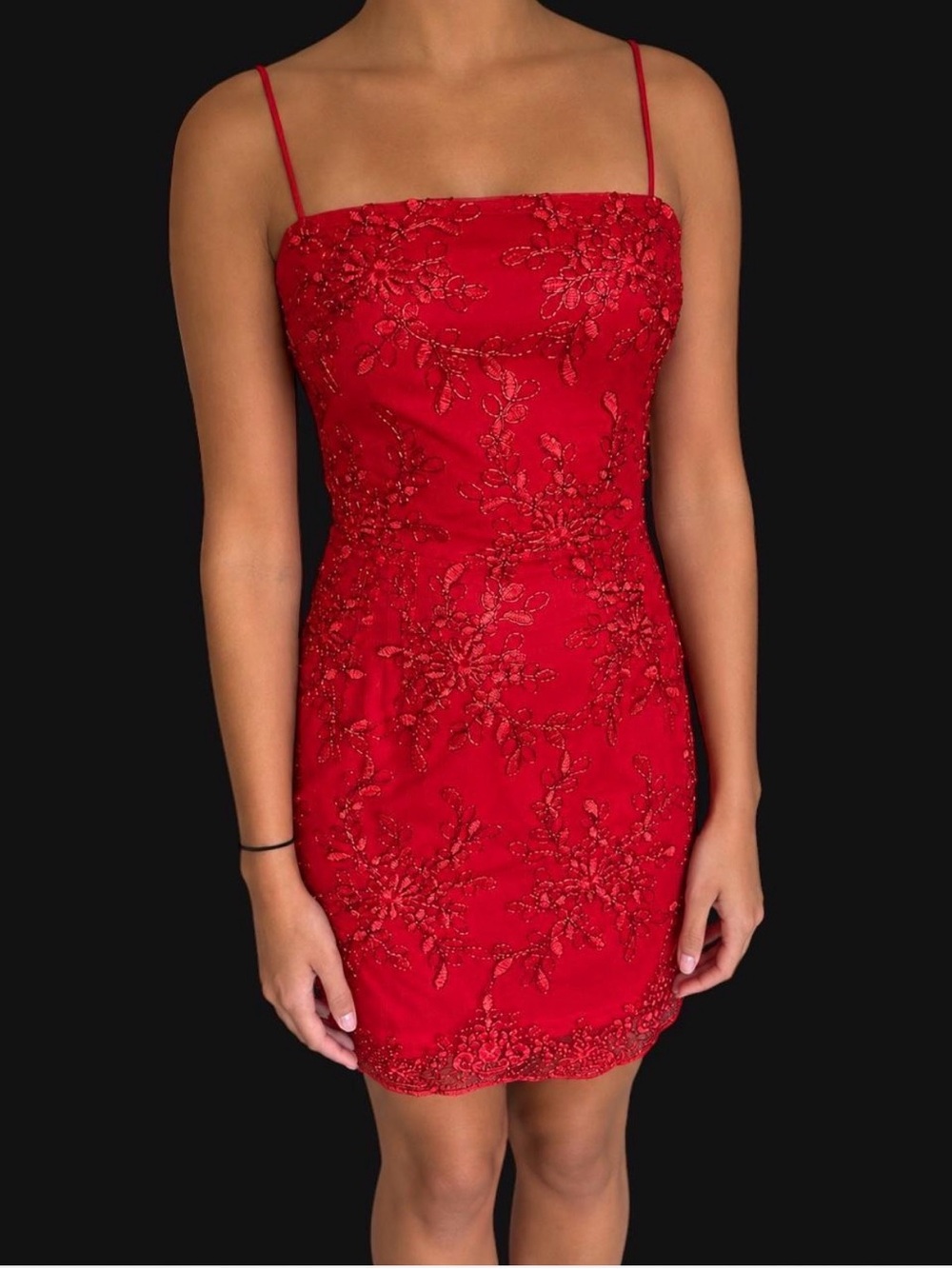 Lucy in the Sky Red Beaded Spaghetti-Strap Mini Dress